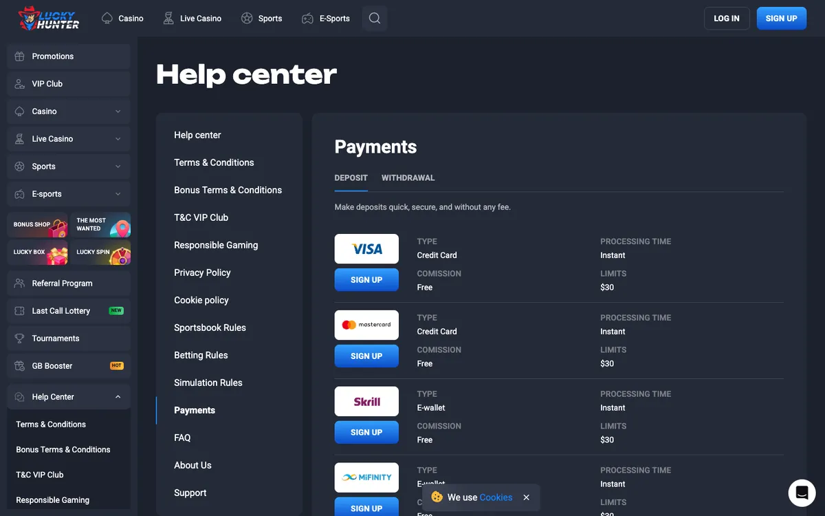 Lucky Hunter Casino — Payments, captured from New Zealand