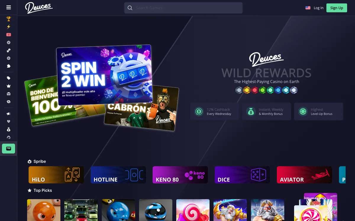 Deuces Casino — Home page, captured from Mexico
