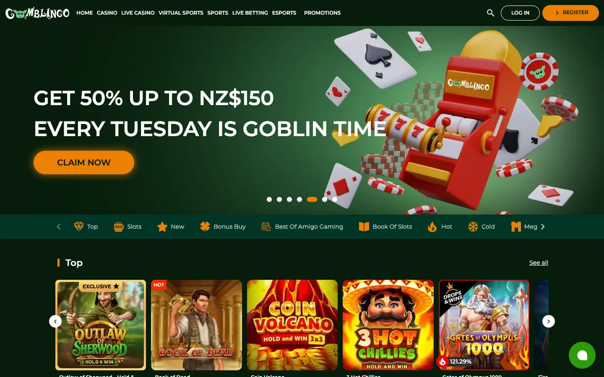 Gomblingo Casino — Home page, captured from New Zealand
