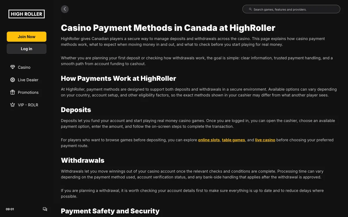 Highroller Casino — Payments, captured from Canada