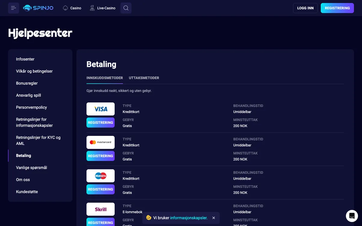 Spinjo Casino — Payments, captured from Norway