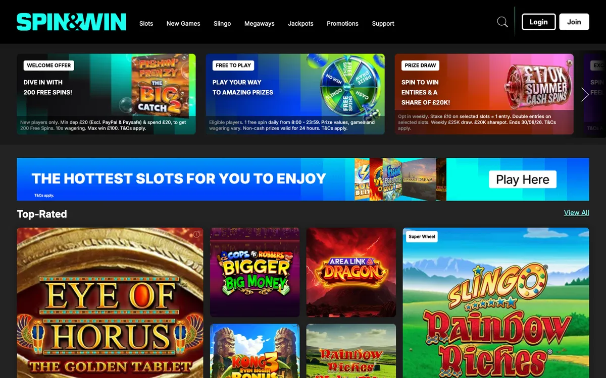 Spin and Win Casino — Home page, captured from United Kingdom