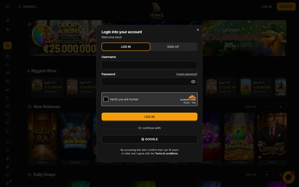 Horus Casino — «Регистрация», снято из страны Германия