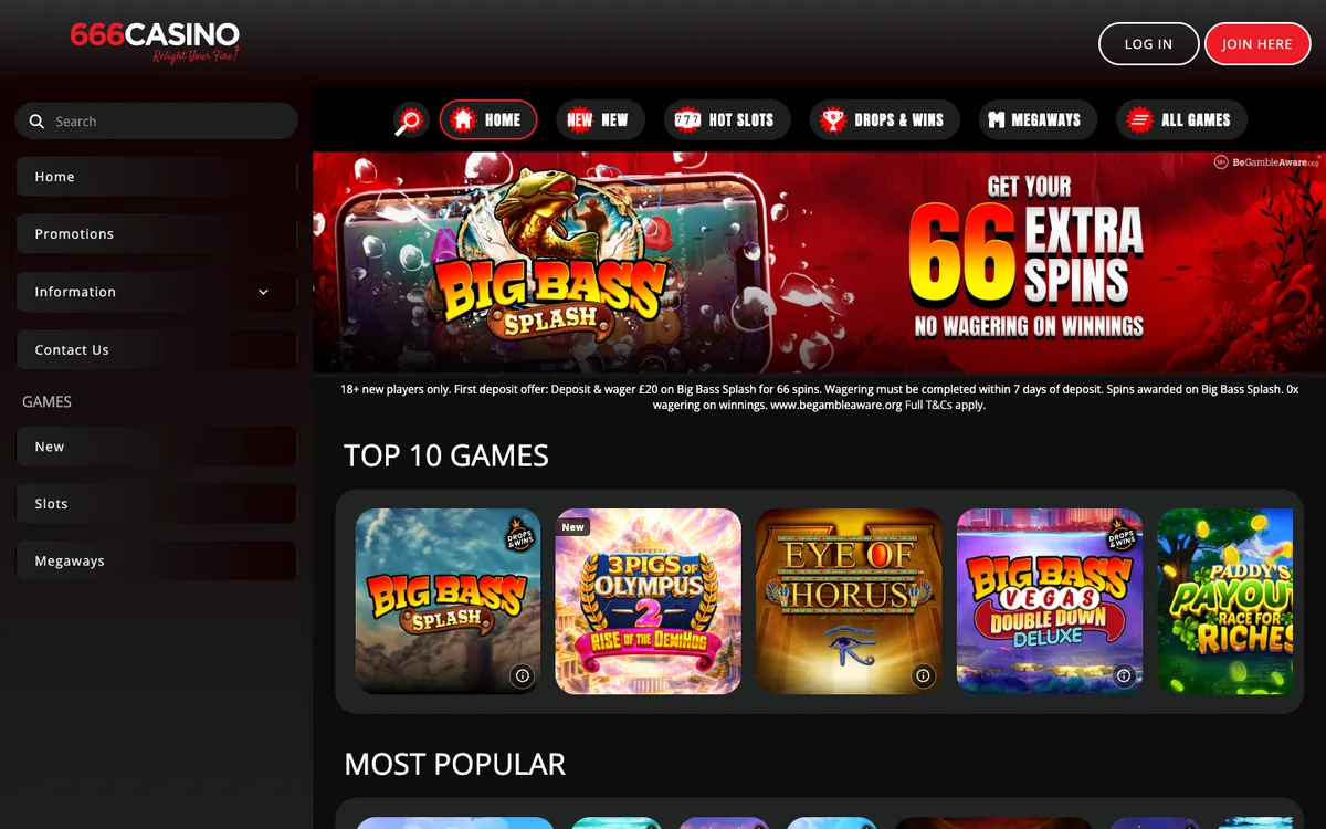 666 Casino — Home page, captured from United Kingdom