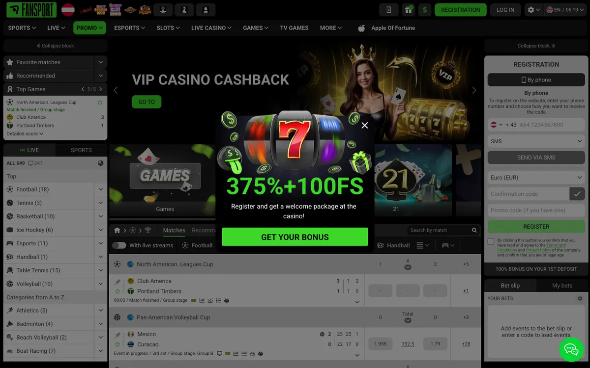 Fansport Casino — «Главная», снято из страны Австрия