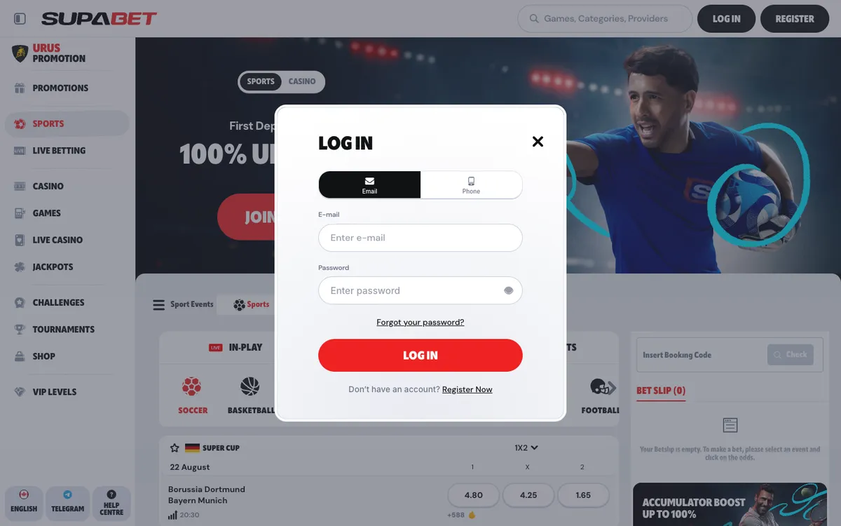 Supabet Casino — Sign-up, captured from Canada