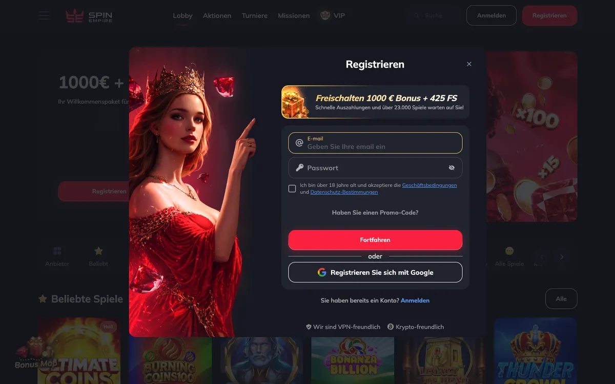 Spin Empire Casino — Home page, captured from Austria