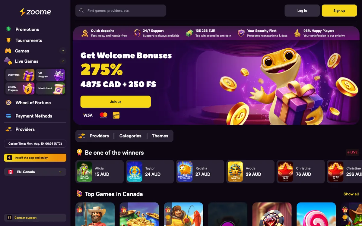 Zoome Casino — Home page, captured from Canada