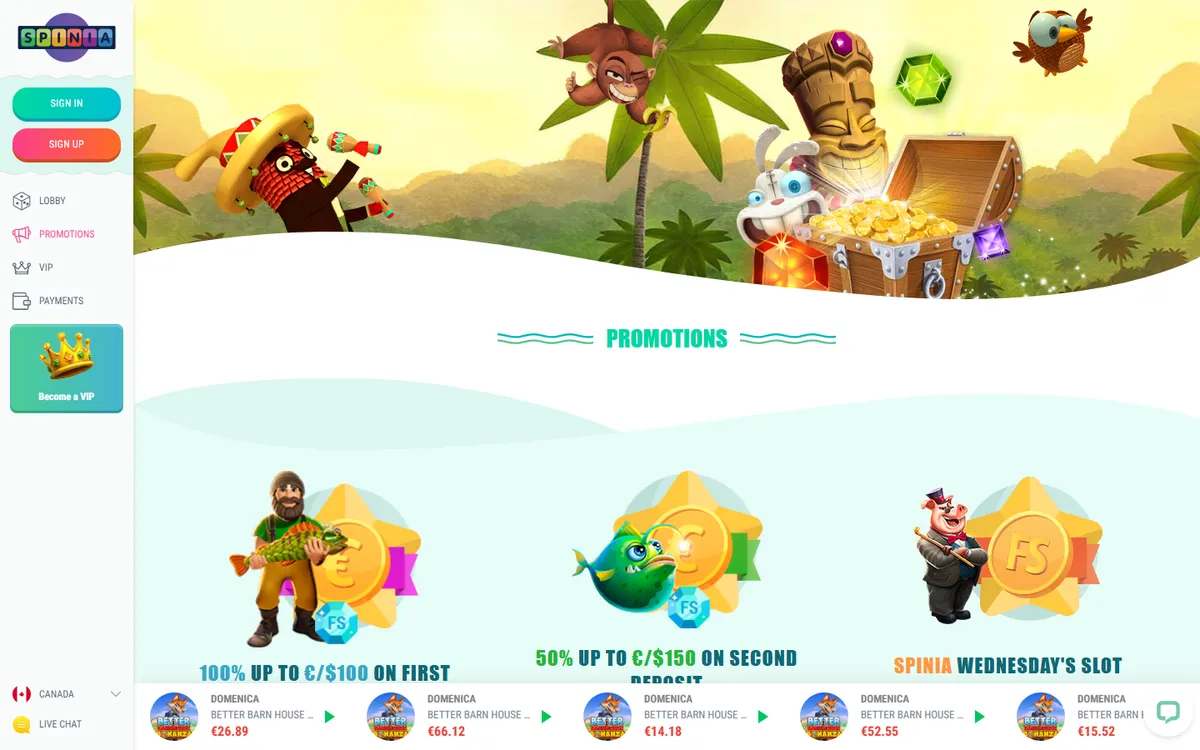 Spinia Casino — «Акции», снято из страны Канада