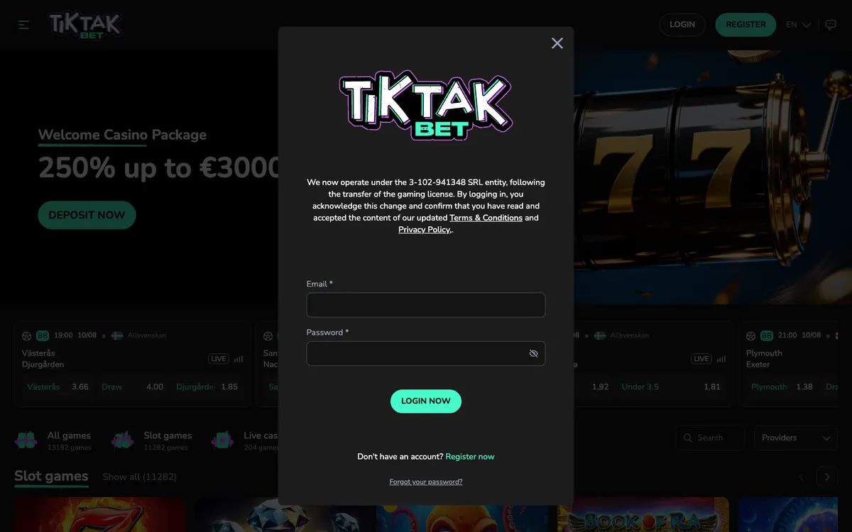 TikTak Bet Casino — Sign-up, captured from Germany