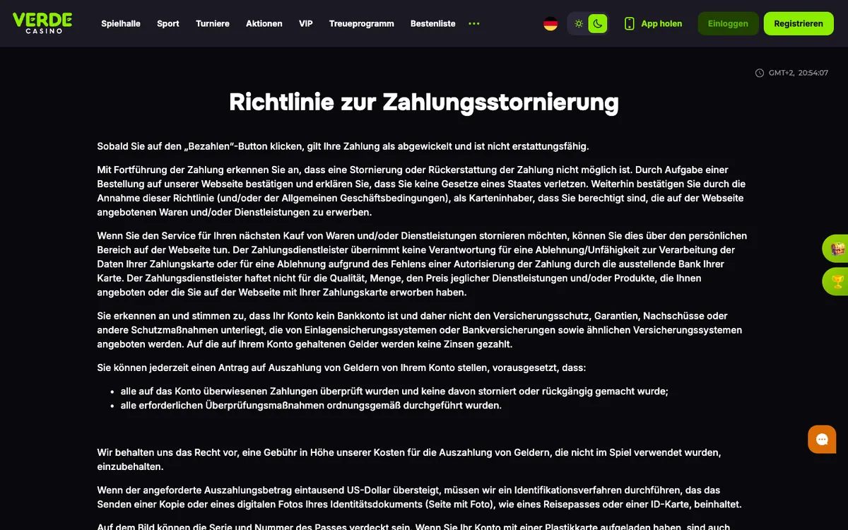 Verde Casino — Payments, captured from Switzerland
