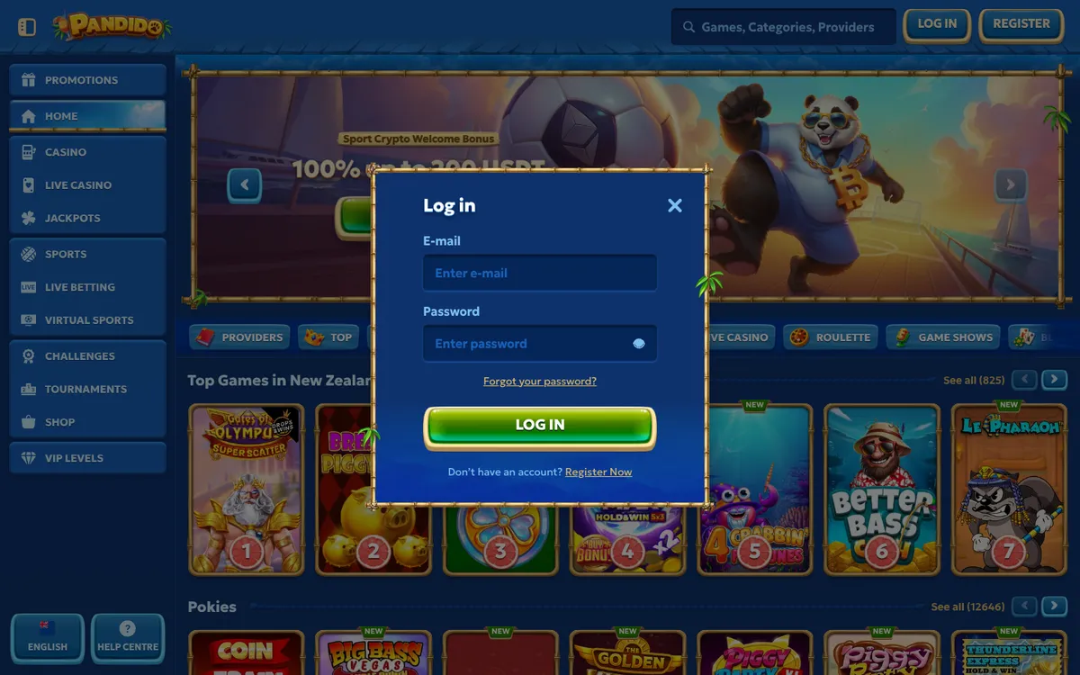 Pandido Casino — Sign-up, captured from New Zealand