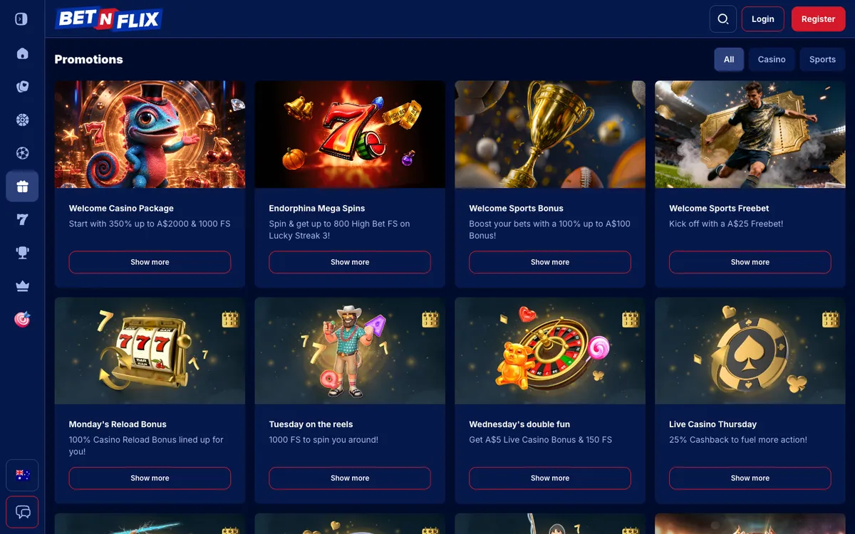 BetNFlix Casino — Promotions, captured from Australia