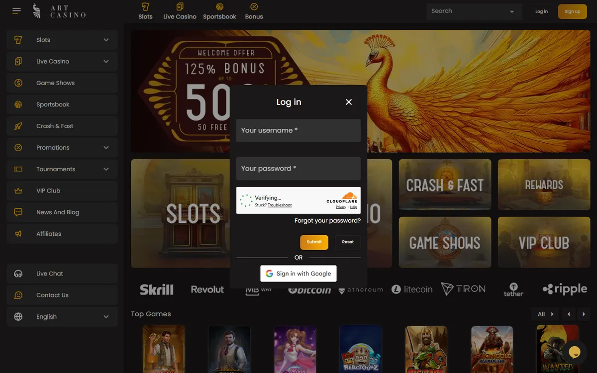 ArtCasino — Sign-up, captured from Canada