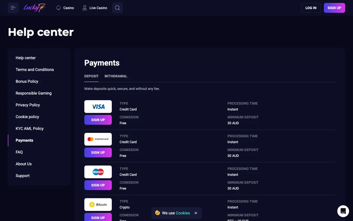 Lucky7even Casino — Payments, captured from Australia