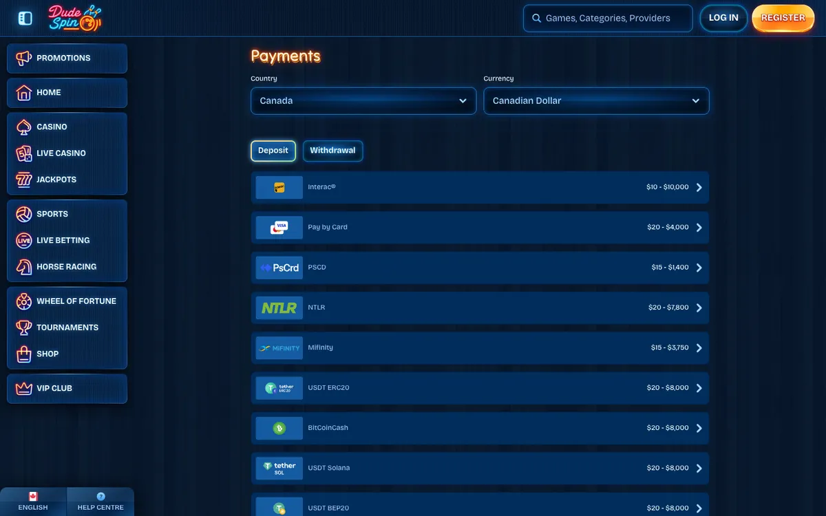 DudeSpin Casino — Payments, captured from Canada