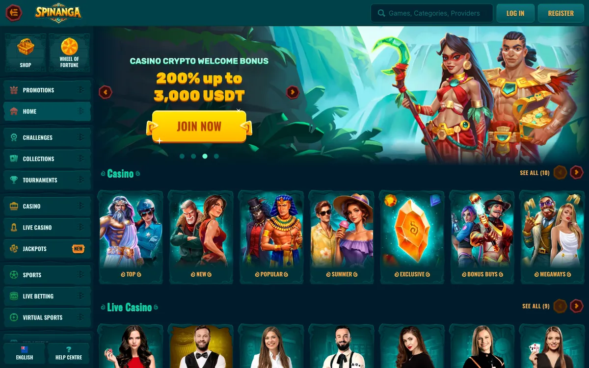 Spinanga Casino — Home page, captured from New Zealand
