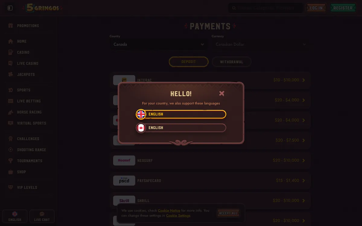 5Gringos Casino — Payments, captured from Canada