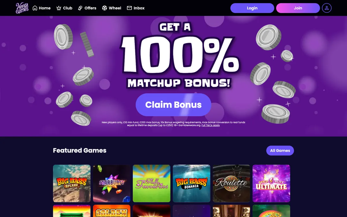 Wonga Games Casino — «Главная», снято из страны Великобритания