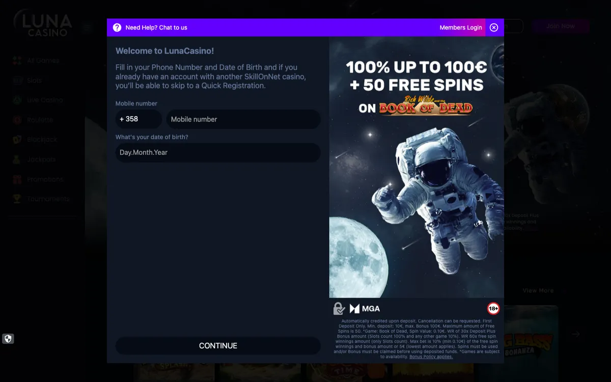 Luna Casino — Sign-up, captured from Finland