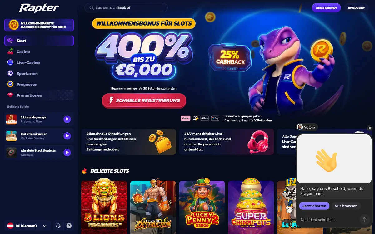 Rapter Casino — Home page, captured from Austria