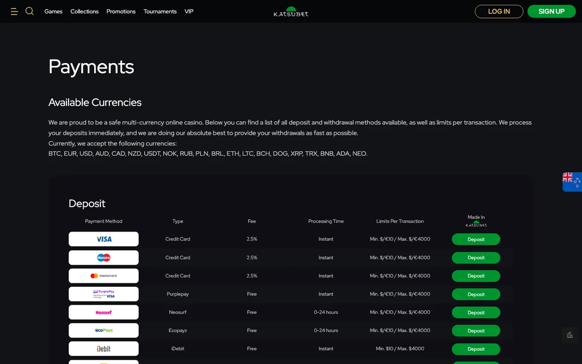 KatsuBet Casino — Payments, captured from New Zealand