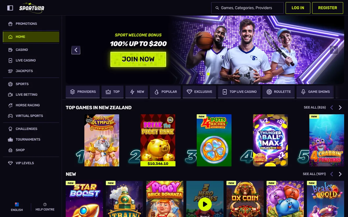Sportuna Casino — Home page, captured from New Zealand