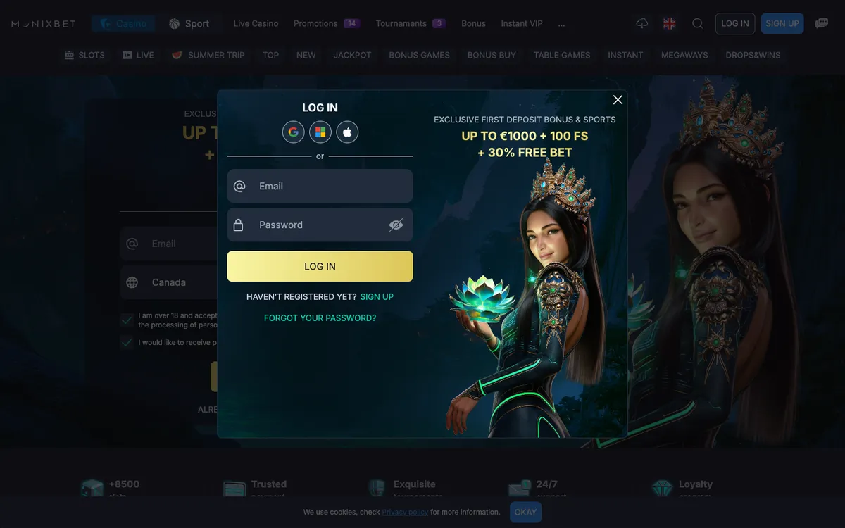 Monixbet Casino — Sign-up, captured from Canada