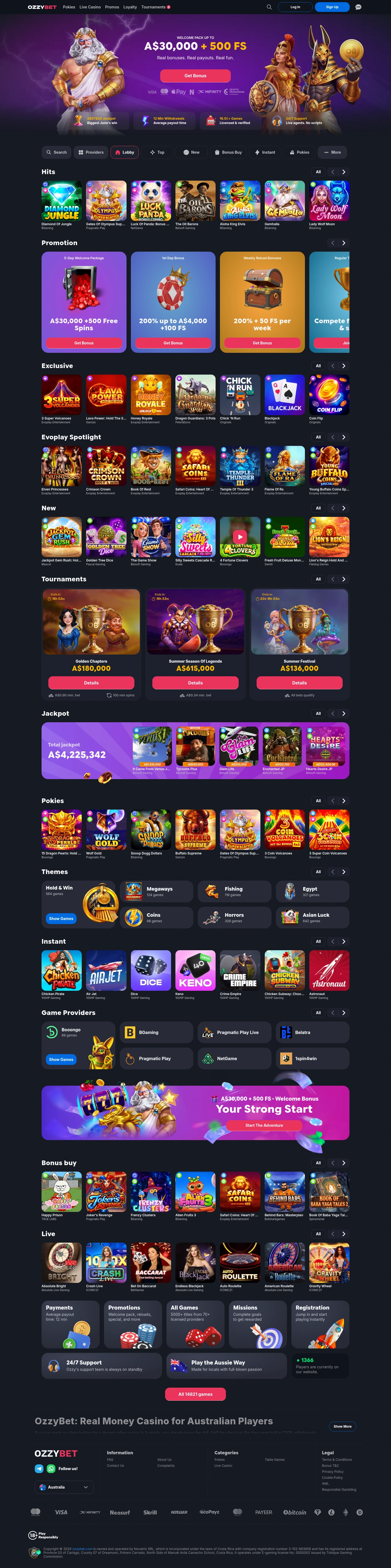 Ozzybet Casino — «Главная», снято из страны Канада
