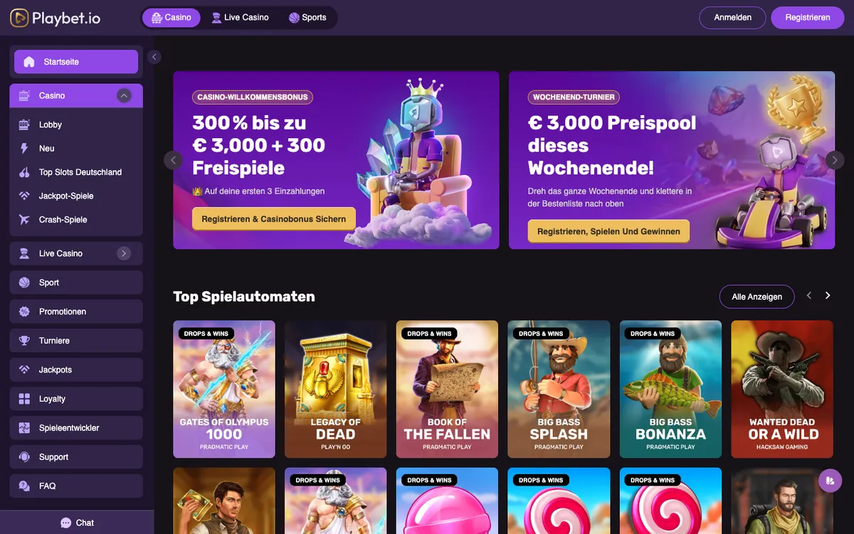 Playbet.io Casino — Home page, captured from Austria