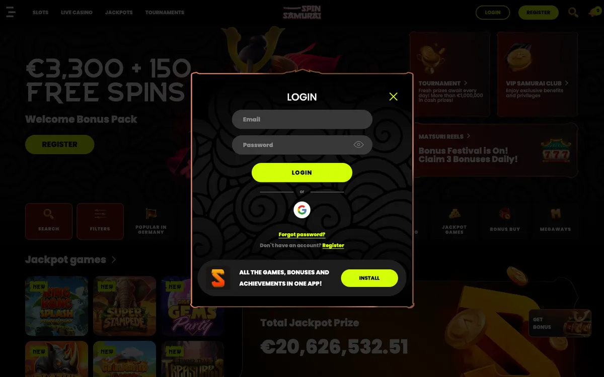 Spin Samurai Casino — Sign-up, captured from Canada