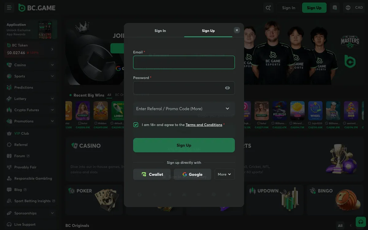 BC.Game Casino — Sign-up, captured from Canada