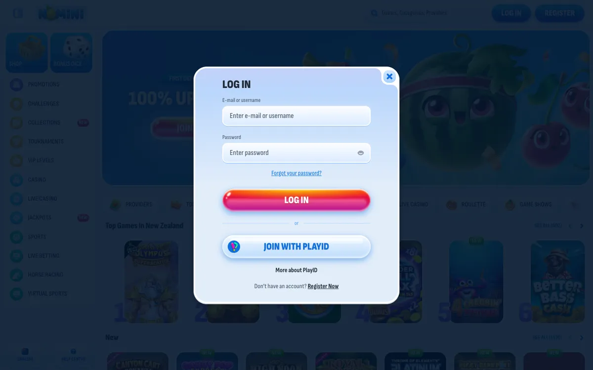 Nomini Casino — «Регистрация», снято из страны Новая Зеландия