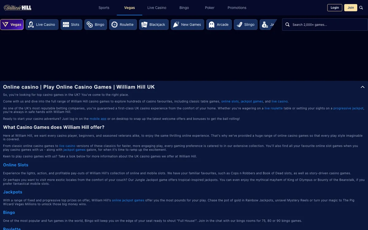William Hill Casino — Home page, captured from Singapore