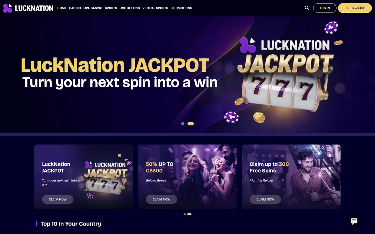 LuckNation Casino — Home page, captured from Canada