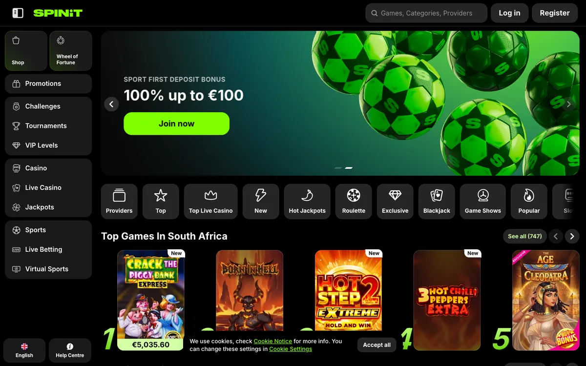 Spinit Casino — «Главная», снято из страны Южно-Африканская Республика