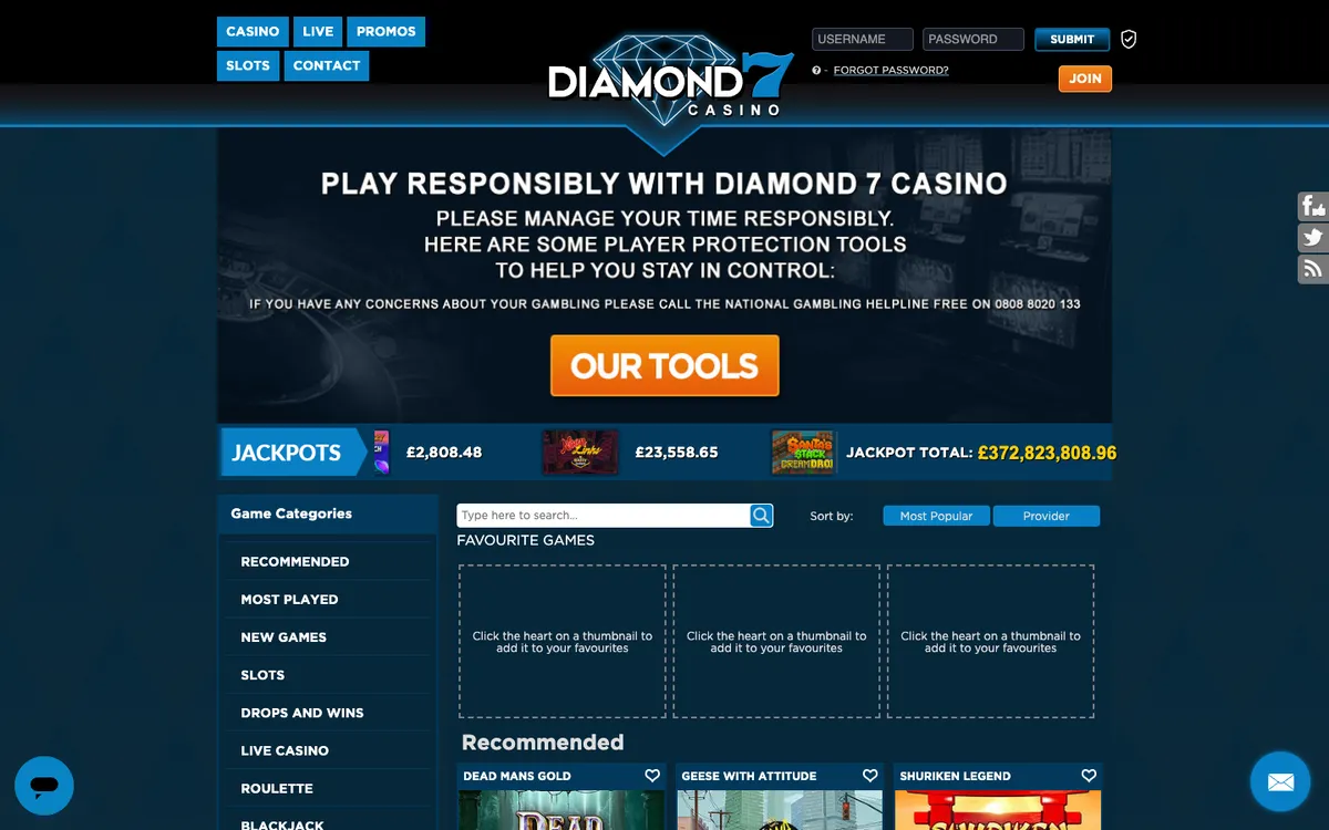 Diamond 7 Casino — Home page, captured from United Kingdom
