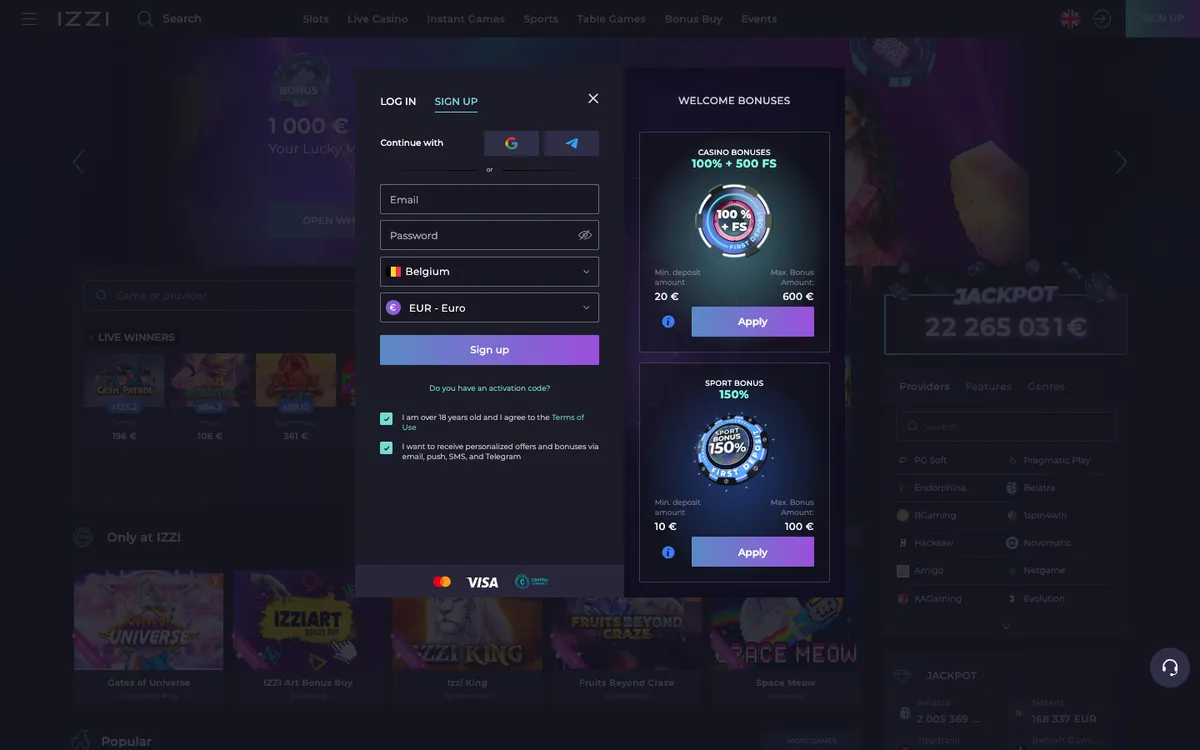 Izzi Casino — Home page, captured from Belgium