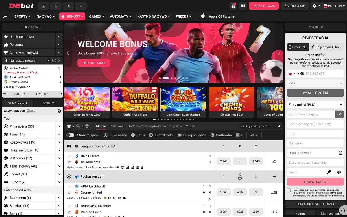 DBbet Casino — Home page, captured from Poland