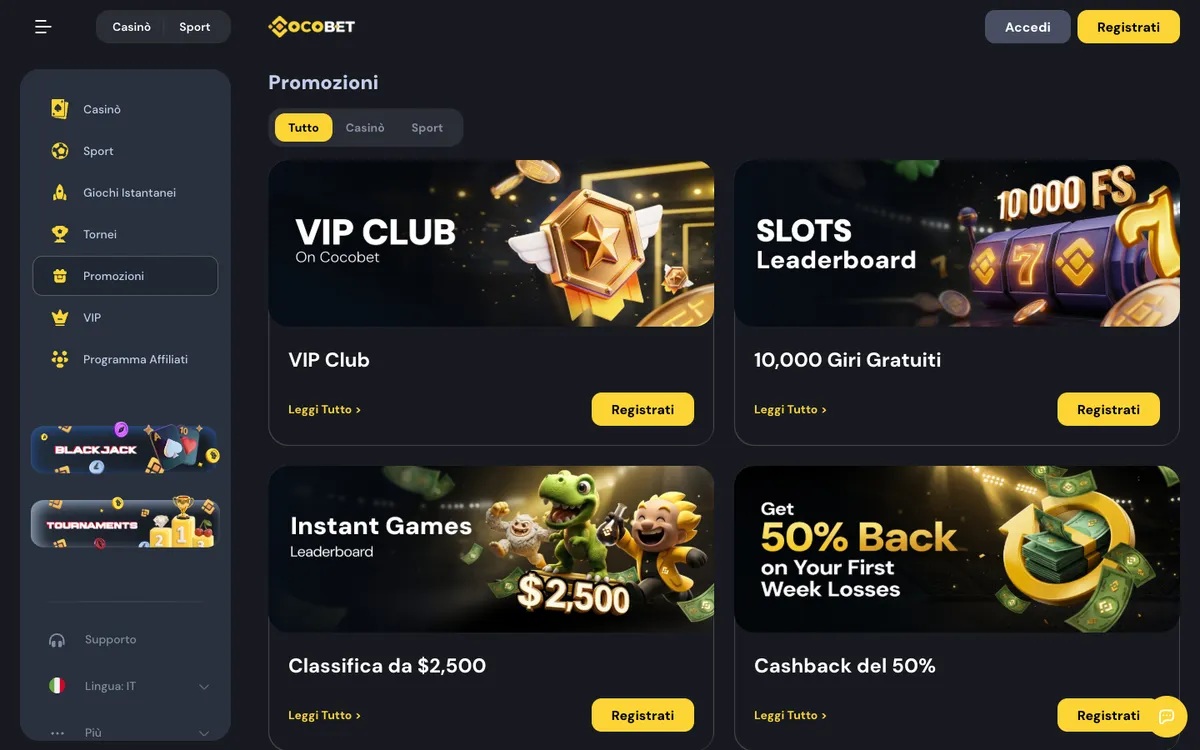Cocobet Casino — Promotions, captured from Italy