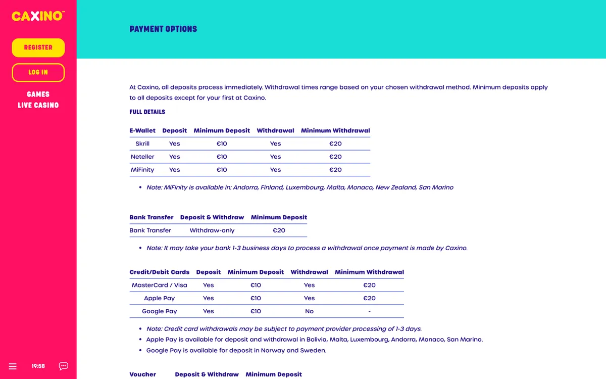 Caxino Casino — Payments, captured from Japan