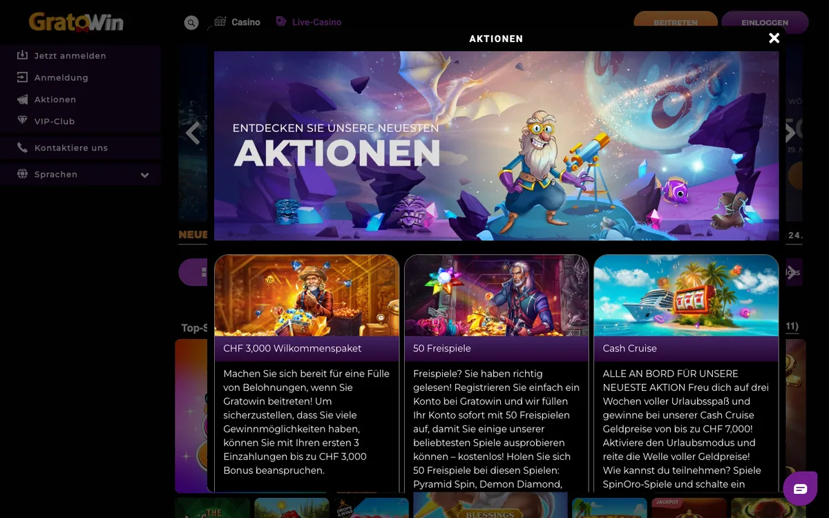 GratoWin Casino — Promotions, captured from Switzerland
