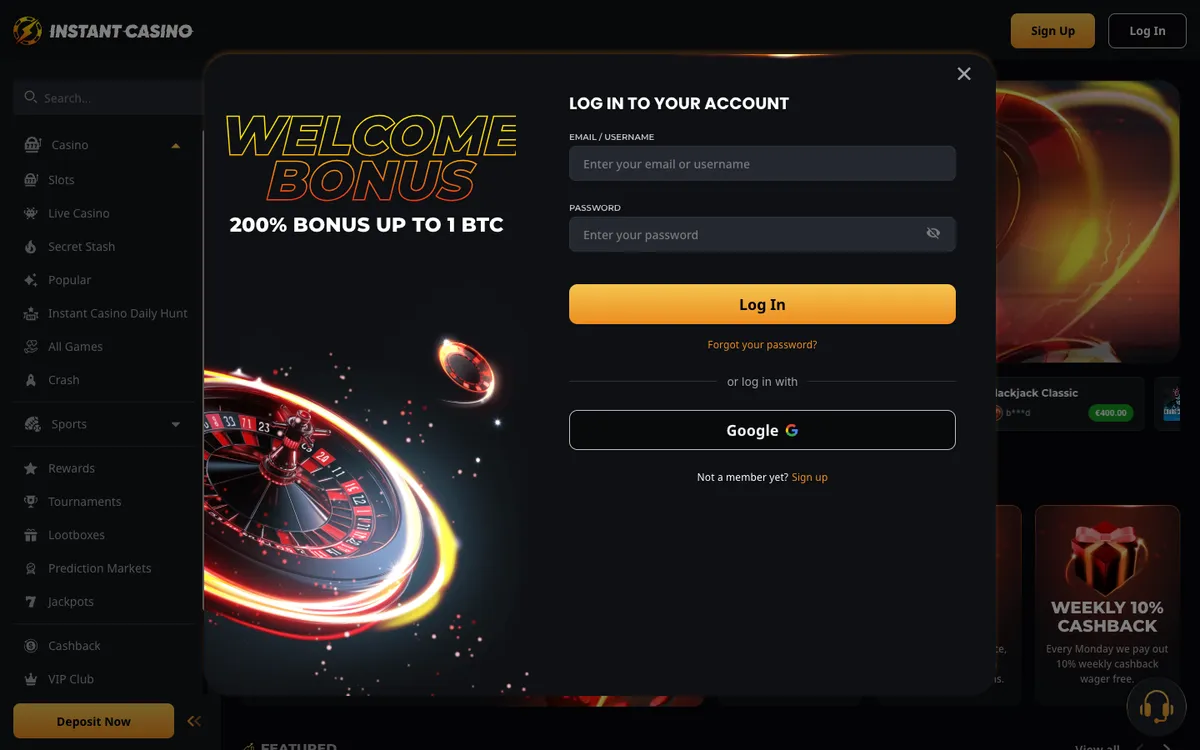 Instant Casino — Sign-up, captured from Malaysia
