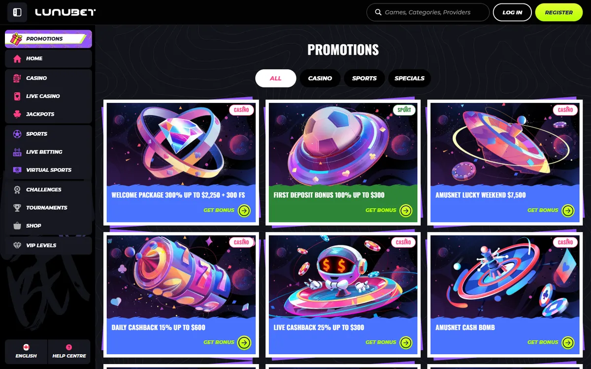LunuBet Casino — Promotions, captured from Canada
