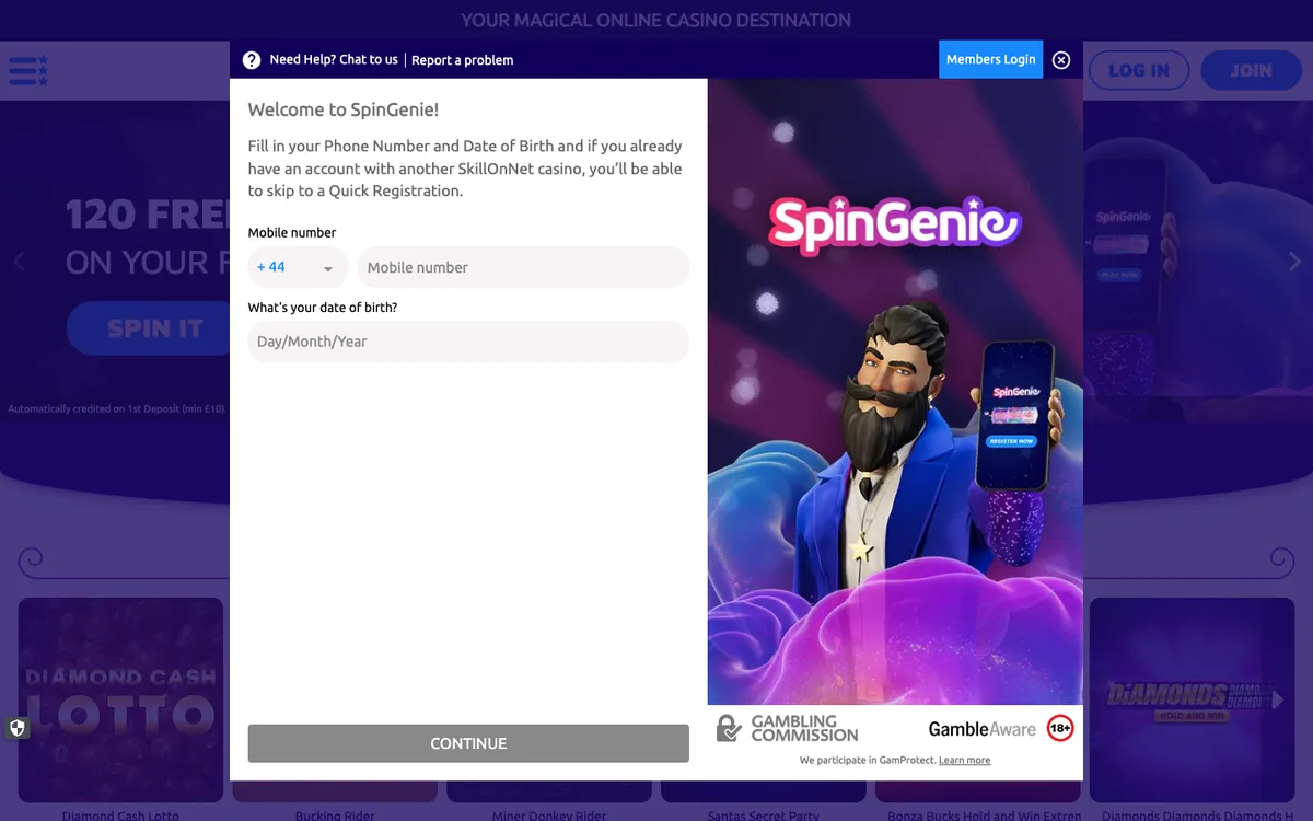 Spin Genie Casino — «Регистрация», снято из страны Великобритания