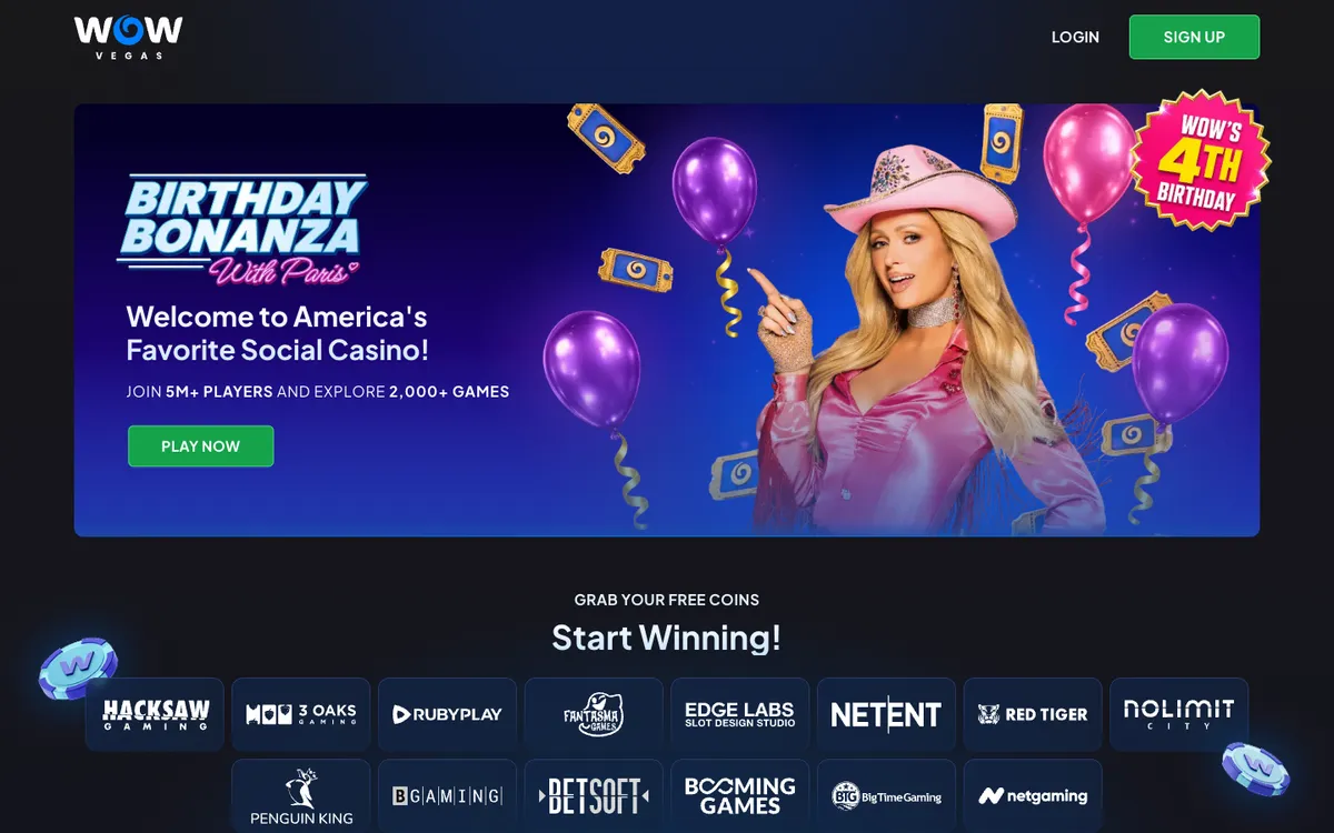 WOW Vegas Casino — Home page, captured from United States
