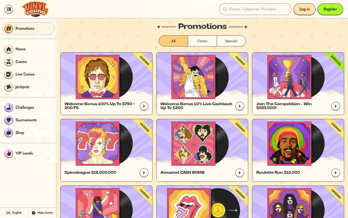 Vinyl Casino — Promotions, captured from Canada