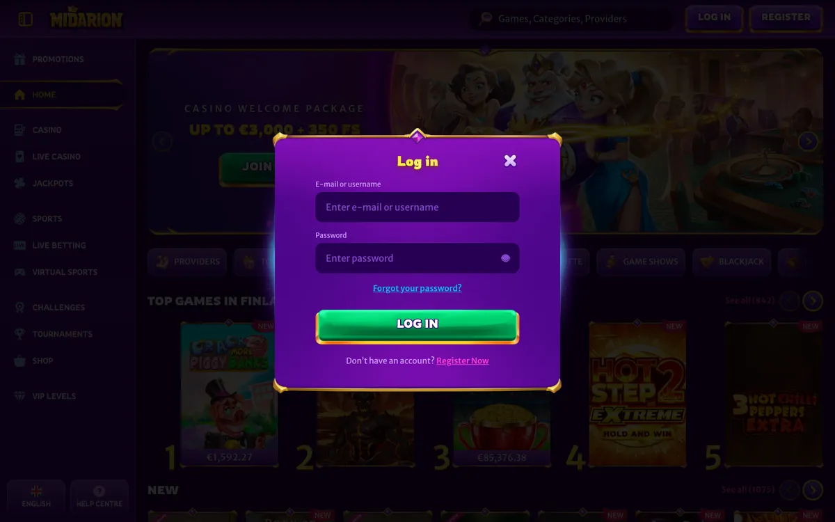 Midarion Casino — «Регистрация», снято из страны Финляндия