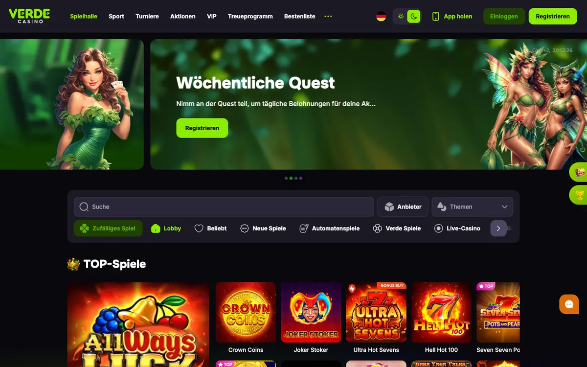 Verde Casino — Home page, captured from Switzerland