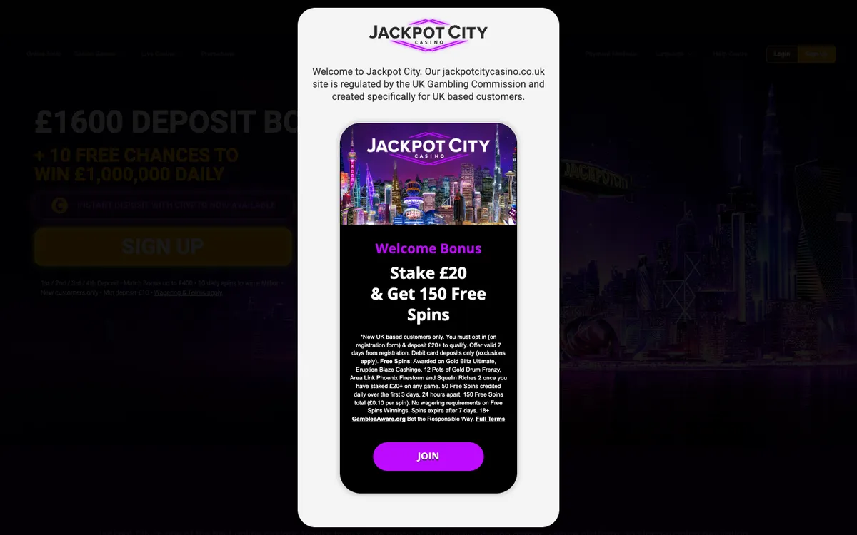 Jackpot City Casino — Home page, captured from United Kingdom